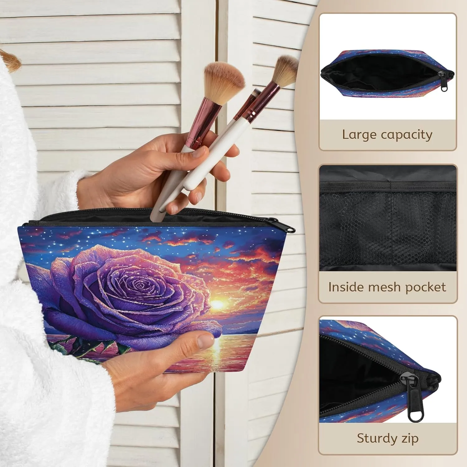 Watercolor Pink Rose Flower Travel Makeup Bag, Makeup Pouch Birthday Women Gifts for Friend Her Girl Sister Daughter Coworker Bff, Small Cosmetic Makeup Bag