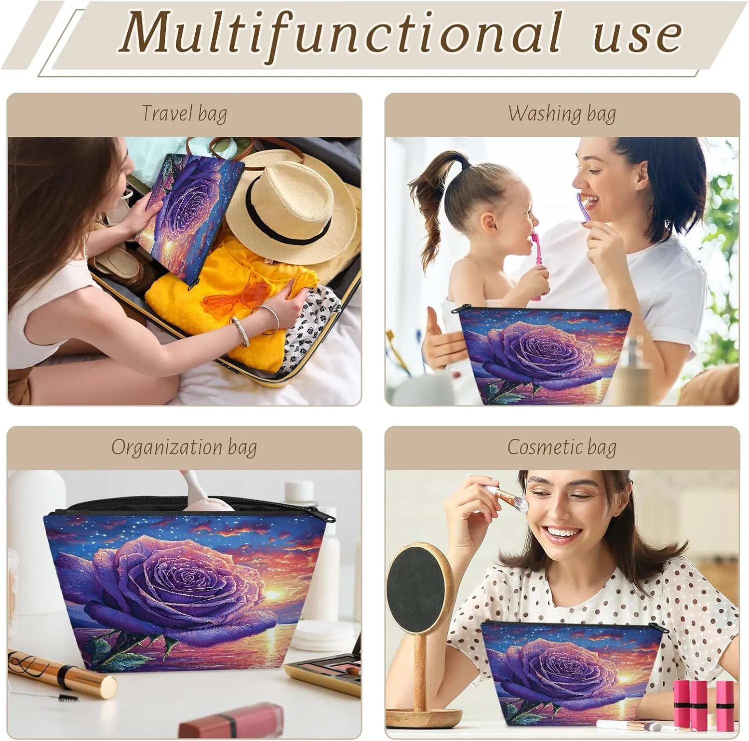 Watercolor Pink Rose Flower Travel Makeup Bag, Makeup Pouch Birthday Women Gifts for Friend Her Girl Sister Daughter Coworker Bff, Small Cosmetic Makeup Bag
