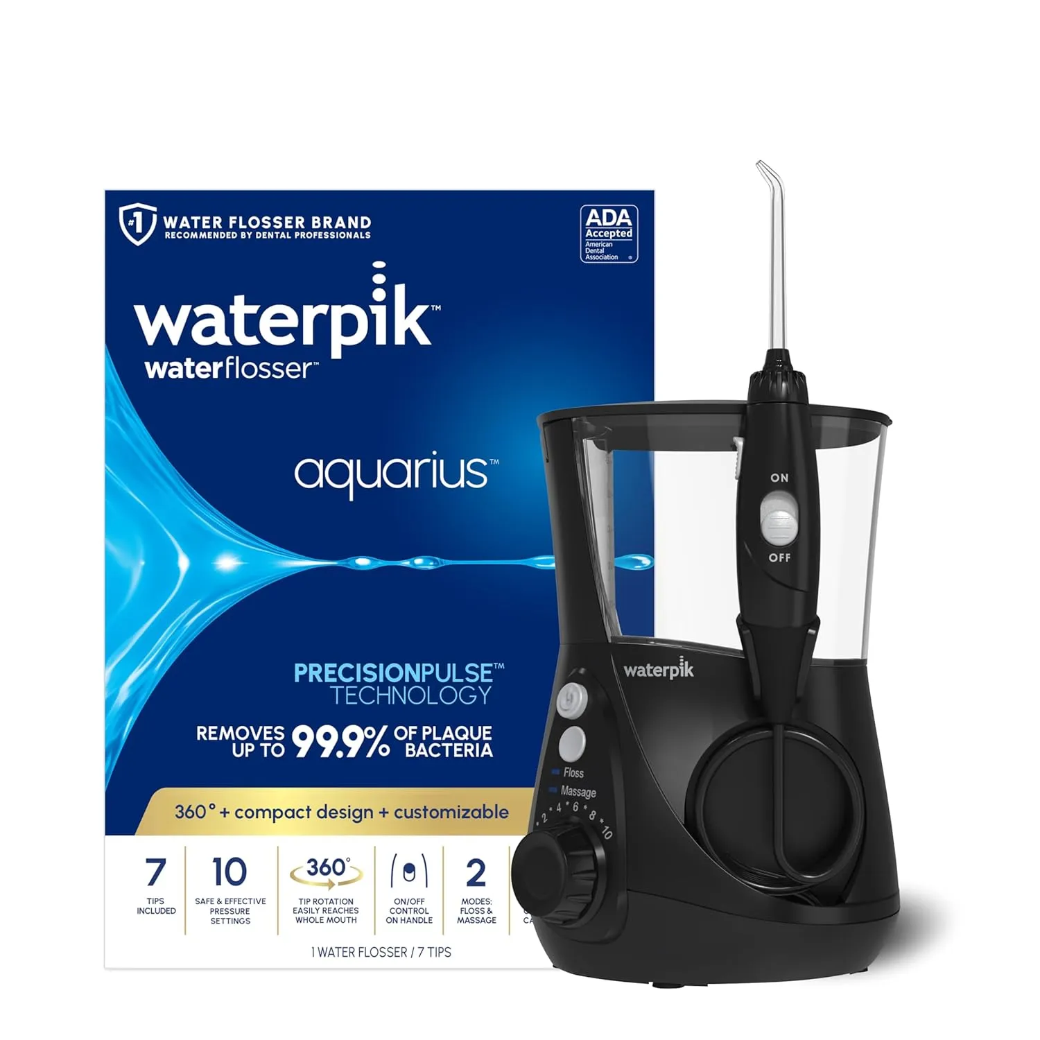 Waterpik Aquarius Water Flosser Professional For Teeth, Gums, Braces, Dental Care, Electric Power With 10 Settings, 7 Tips For Multiple Users And Needs, ADA Accepted, Black WP-662, Packaging May Vary