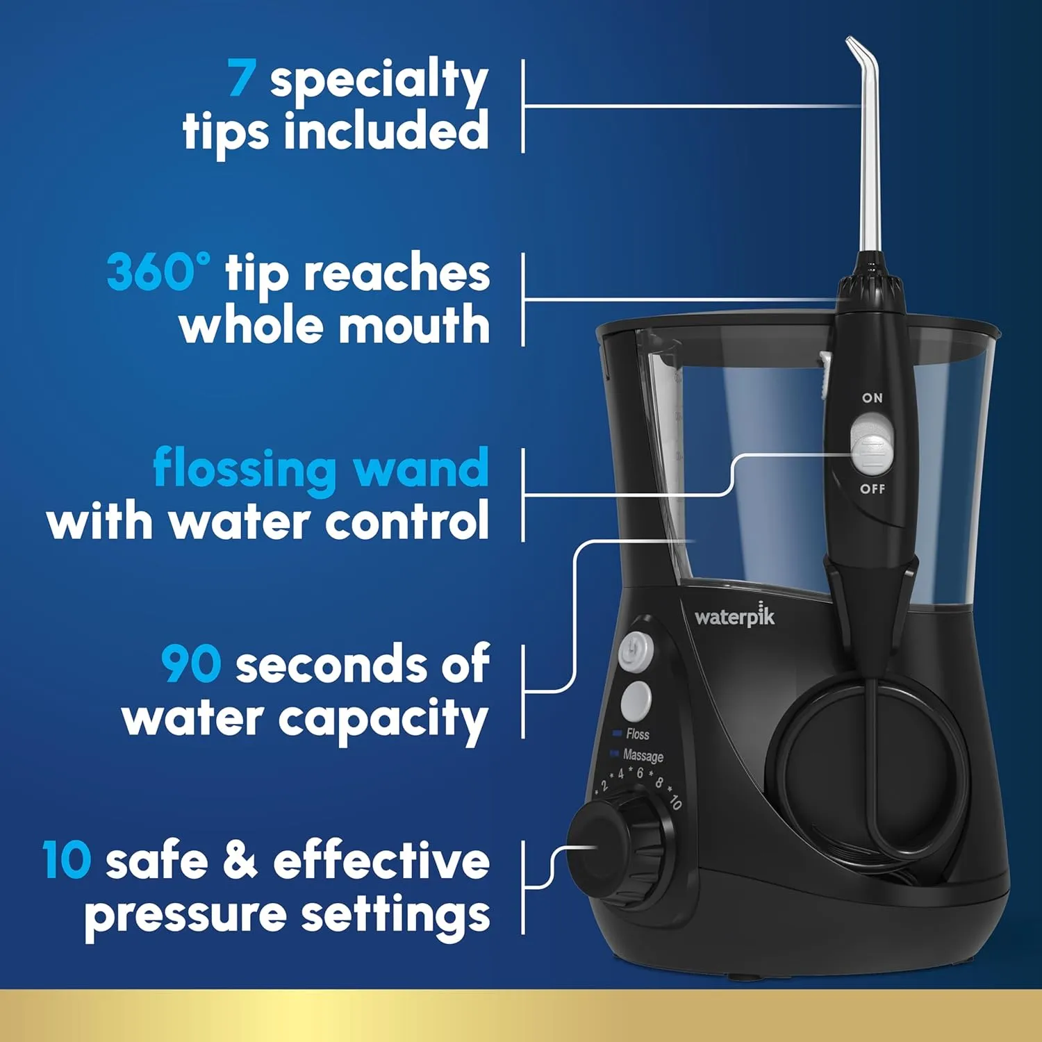 Waterpik Aquarius Water Flosser Professional For Teeth, Gums, Braces, Dental Care, Electric Power With 10 Settings, 7 Tips For Multiple Users And Needs, ADA Accepted, Black WP-662, Packaging May Vary
