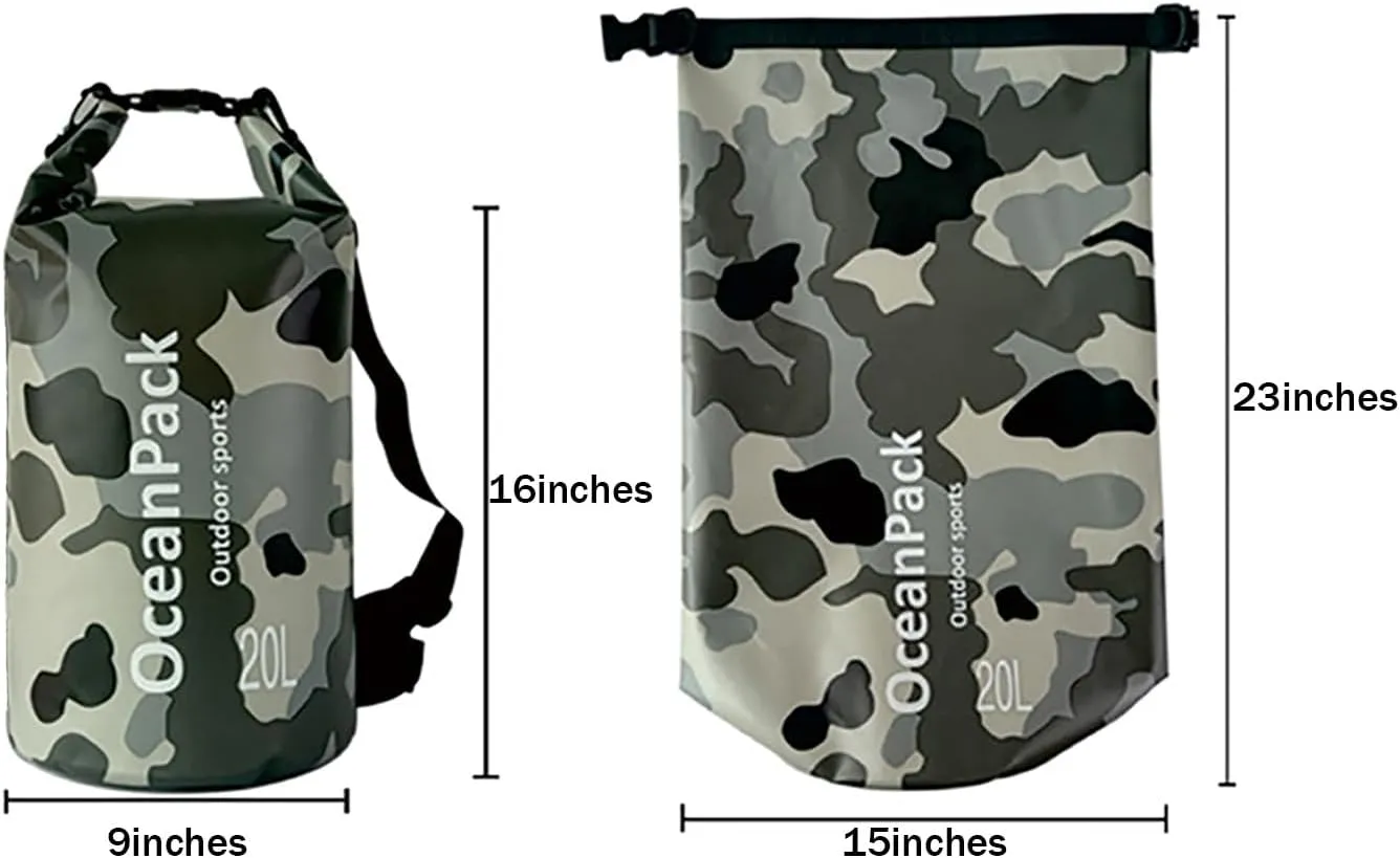 Waterproof Dry Bag 5L/10L/20L for men- PVC Material, Camo Design, Single/Dual Shoulder Straps for Kayaking, Swimming, Beach, Boating & Outdoor Activities (BLUE CAMO, 20L)