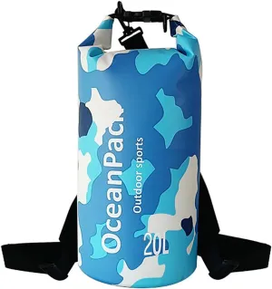 Waterproof Dry Bag 5L/10L/20L for men- PVC Material, Camo Design, Single/Dual Shoulder Straps for Kayaking, Swimming, Beach, Boating & Outdoor Activities (BLUE CAMO, 20L)