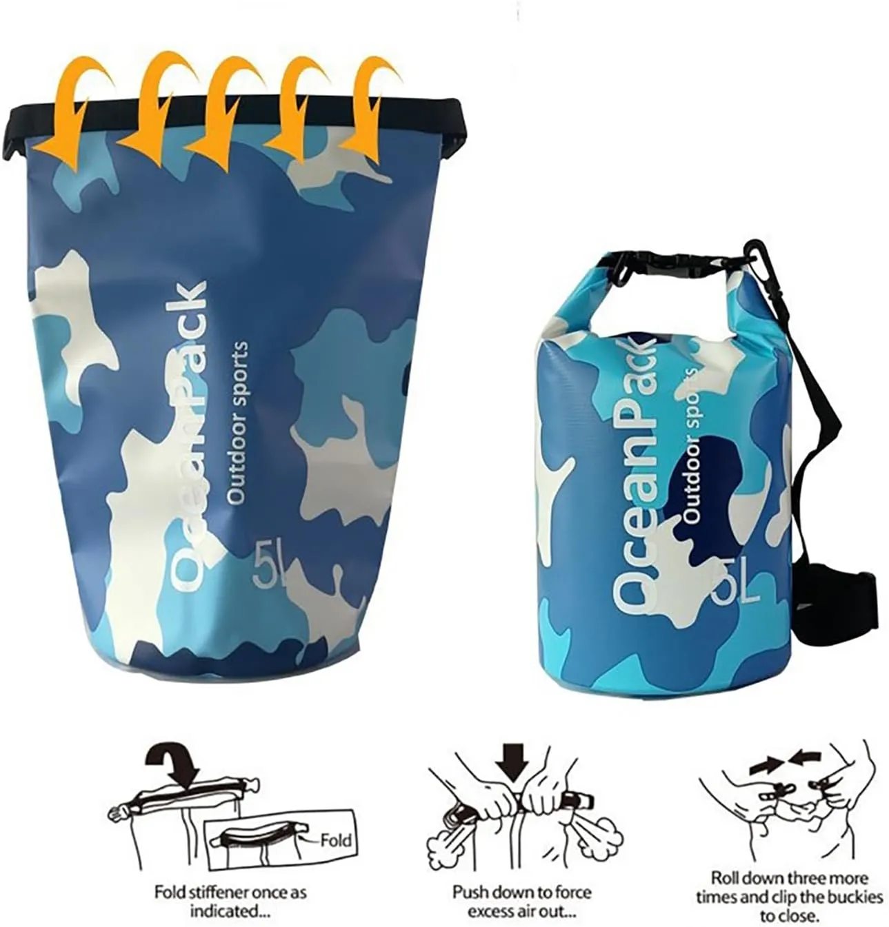 Waterproof Dry Bag 5L/10L/20L for men- PVC Material, Camo Design, Single/Dual Shoulder Straps for Kayaking, Swimming, Beach, Boating & Outdoor Activities (BLUE CAMO, 20L)