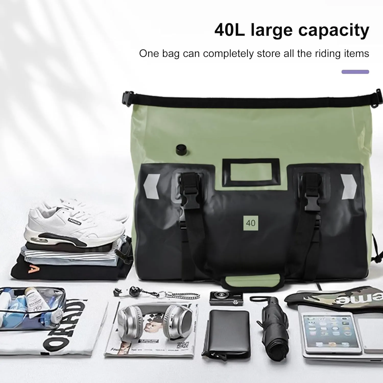Waterproof Duffel Bag，Roll-Top Heavy Duty Dry Duffle Bag，Motorcycle Dry Bag，with Quick-fixed Straps，with Large Storage Space, Perfect for Traveling, Camping, Kayaking, Fishing & Canoeing (green, 40L)