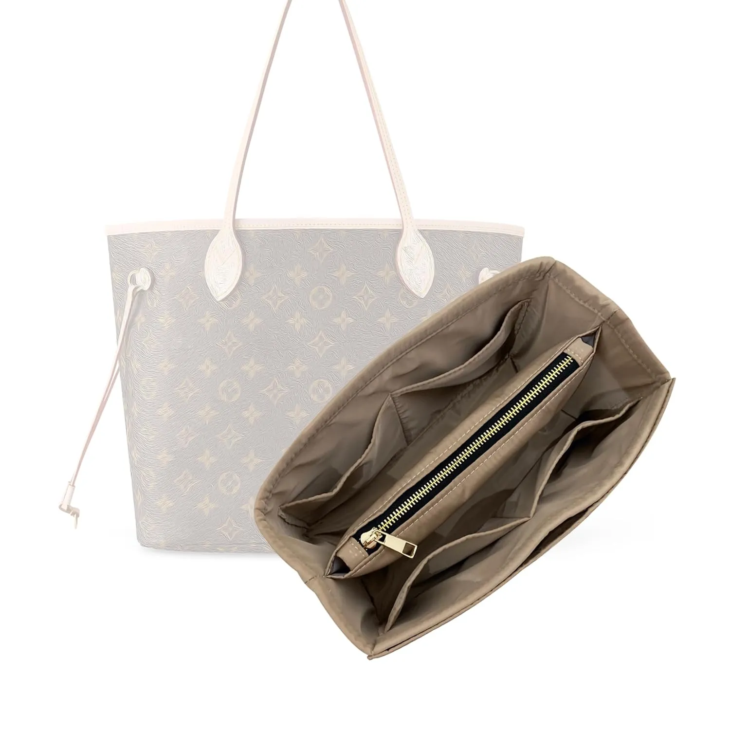 Waterproof Nylon Purse Organizer for Neverfull MM with zipper, Lv Neverfull Bag Organizer MM Nylon, Neverfull GM Insert Handmade Snug Sturdy Gold Zipper (For Neverfull BB, Slate Grey)