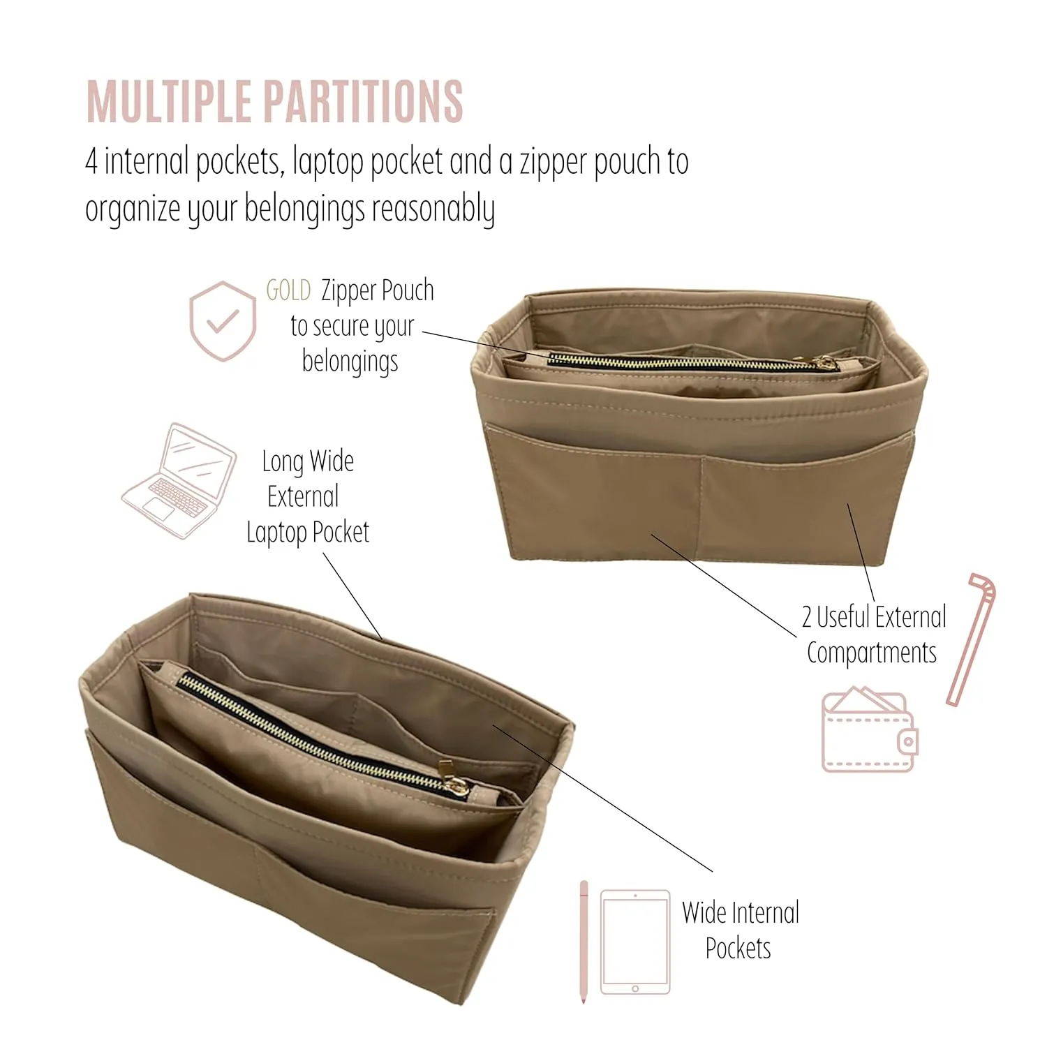 Waterproof Nylon Purse Organizer for Neverfull MM with zipper, Lv Neverfull Bag Organizer MM Nylon, Neverfull GM Insert Handmade Snug Sturdy Gold Zipper (For Neverfull BB, Slate Grey)
