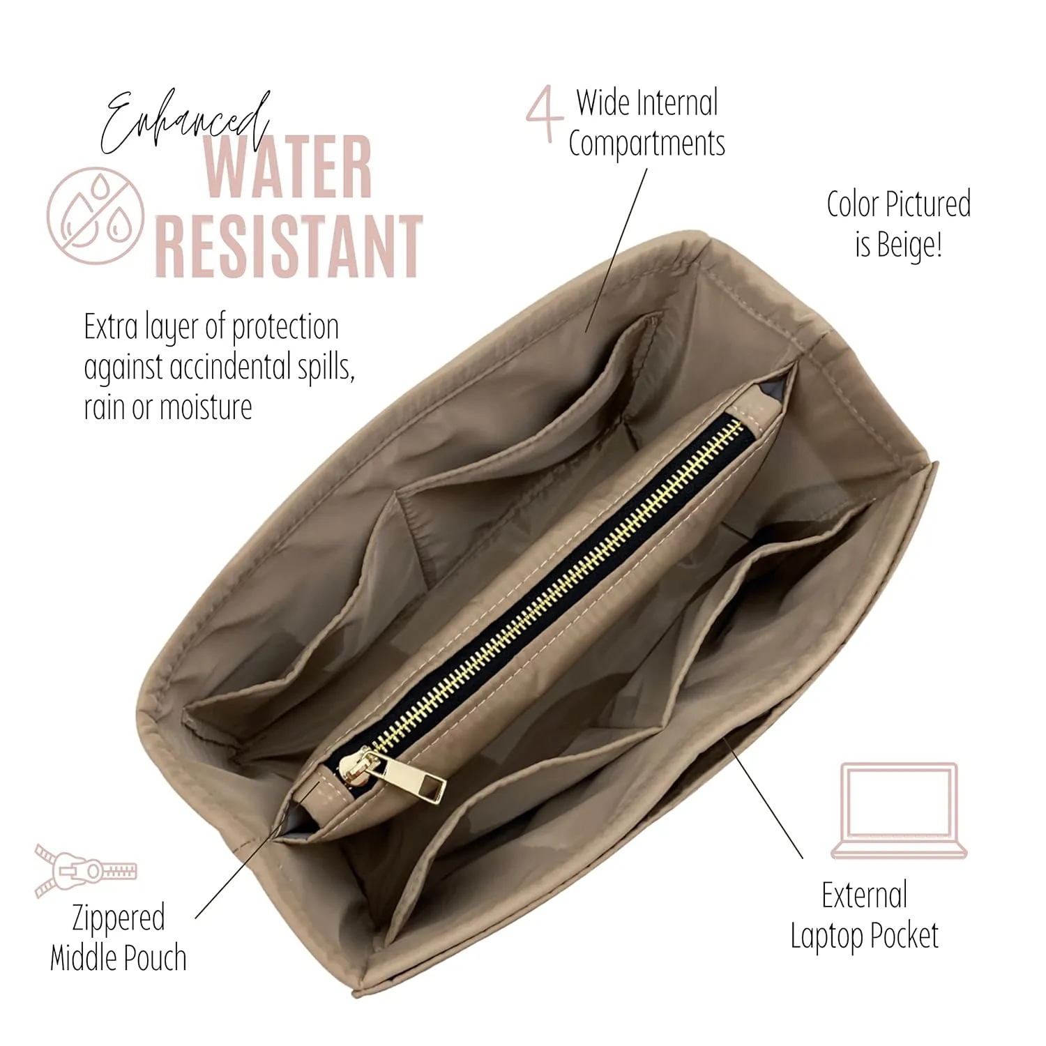 Waterproof Nylon Purse Organizer for Neverfull MM with zipper, Lv Neverfull Bag Organizer MM Nylon, Neverfull GM Insert Handmade Snug Sturdy Gold Zipper (For Neverfull BB, Slate Grey)