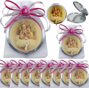 WE 12 Pcs Baptism Compact Mirror Favors for Girl -Bautizo Recuerdos/Baby Angels Makeup Compact Mirrors with Decorated Pouches