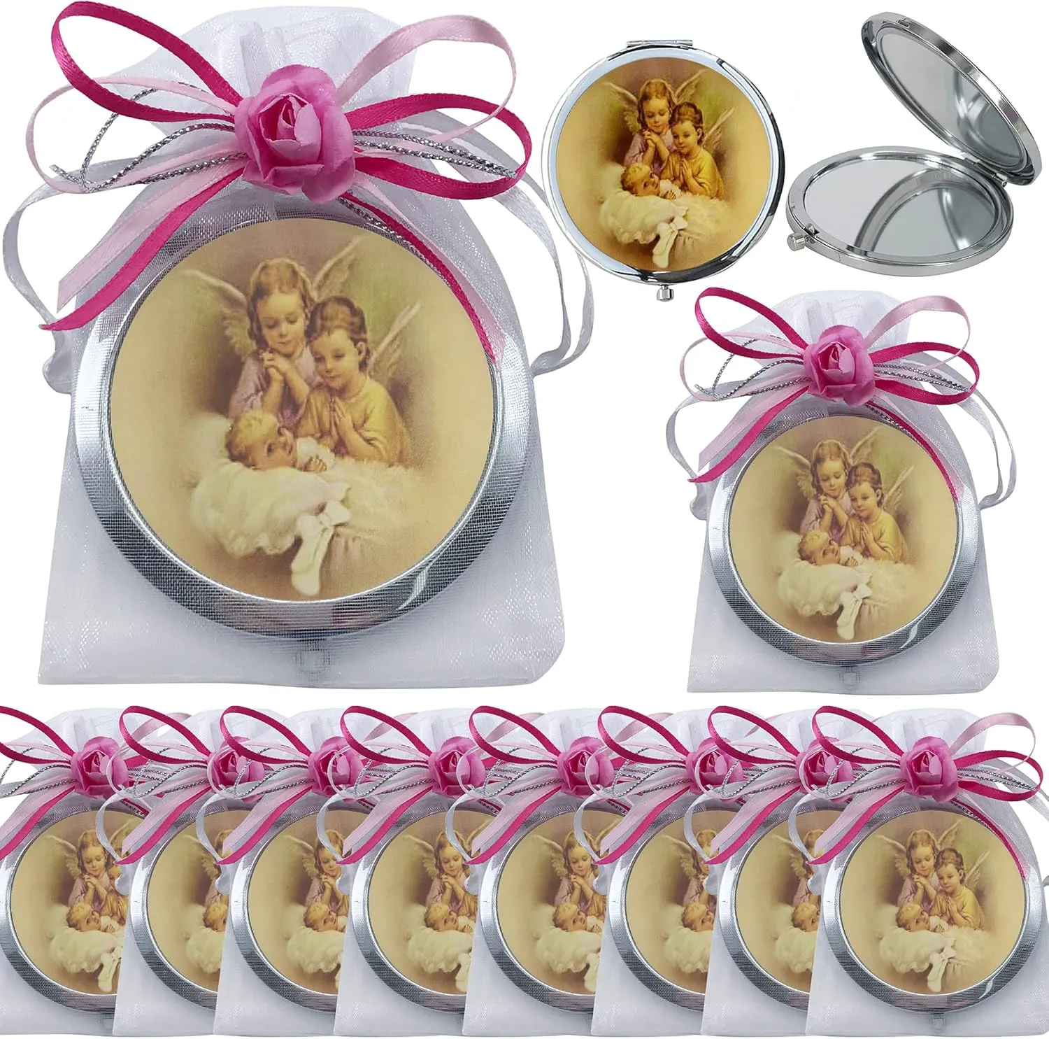 WE 12 Pcs Baptism Compact Mirror Favors for Girl -Bautizo Recuerdos/Baby Angels Makeup Compact Mirrors with Decorated Pouches