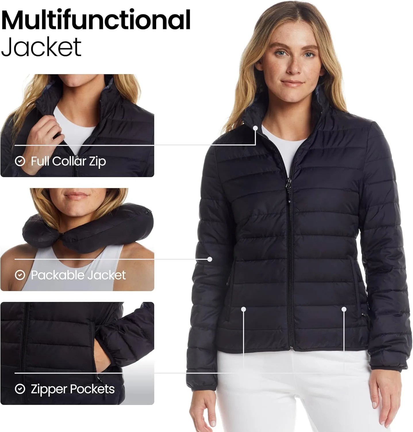 Weatherproof Womens Puffer Jackets - Packable Travel Neck Pillow Alternative Down Puffer Jacket Women (S-XXL)