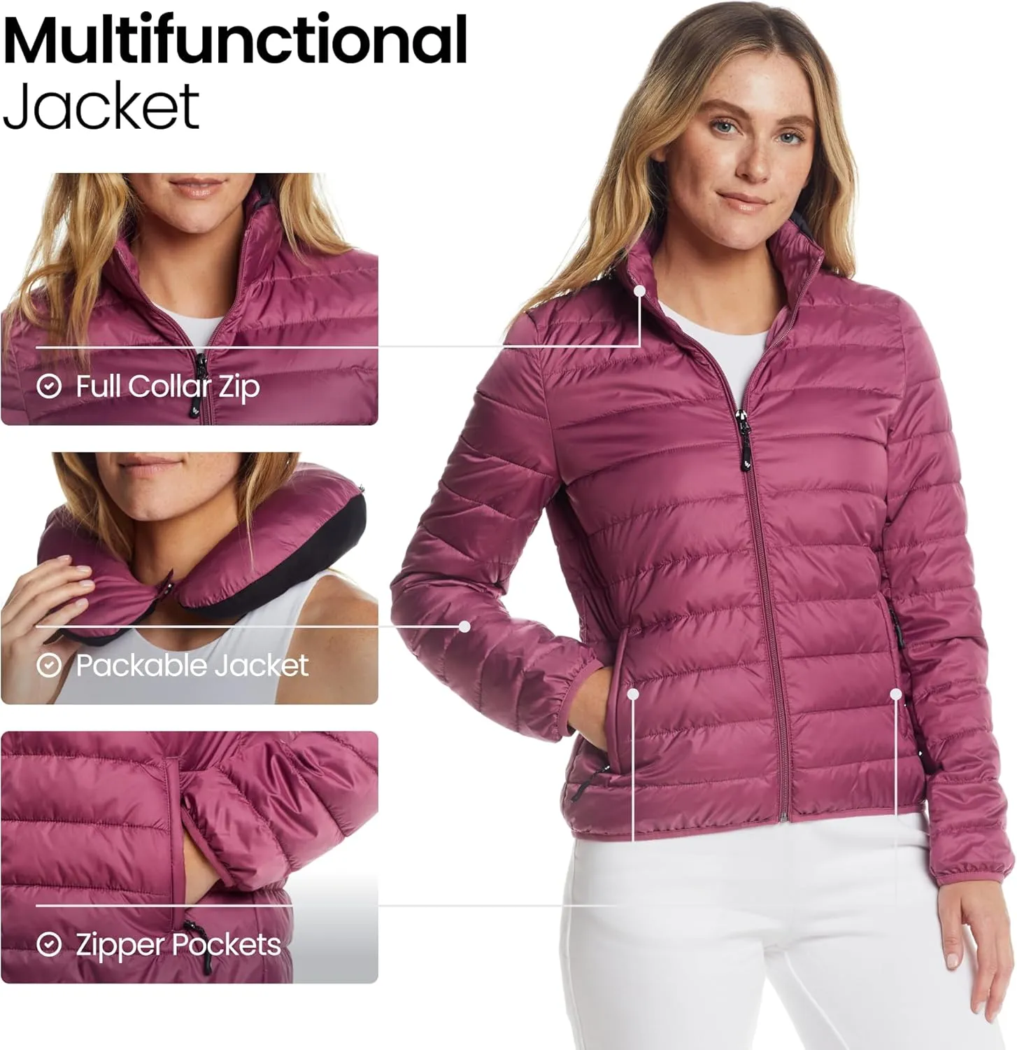 Weatherproof Womens Puffer Jackets - Packable Travel Neck Pillow Alternative Down Puffer Jacket Women (S-XXL)