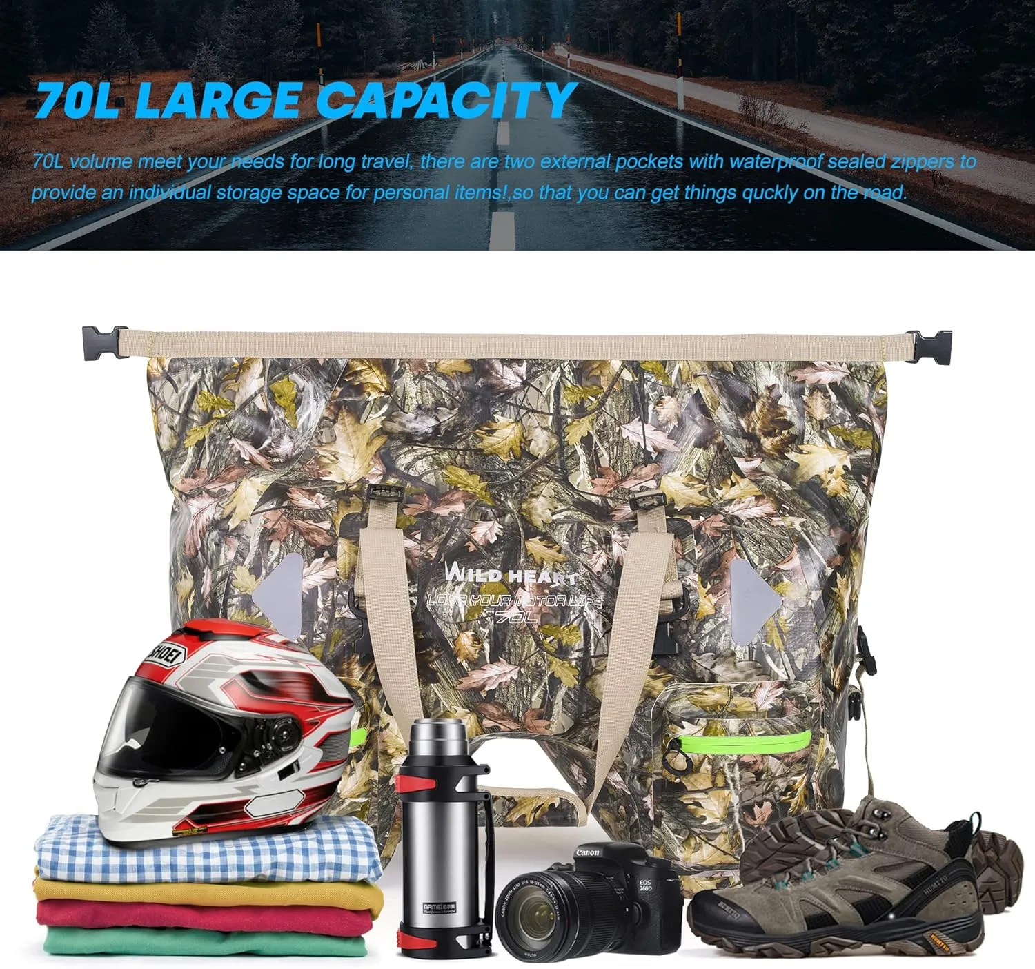 WILD HEART Dry Motorcycle Tail bag 70L/50L With Rope Straps and Inner Pocket Waterproof PVC 500D for Travel,Motorcycle and so on