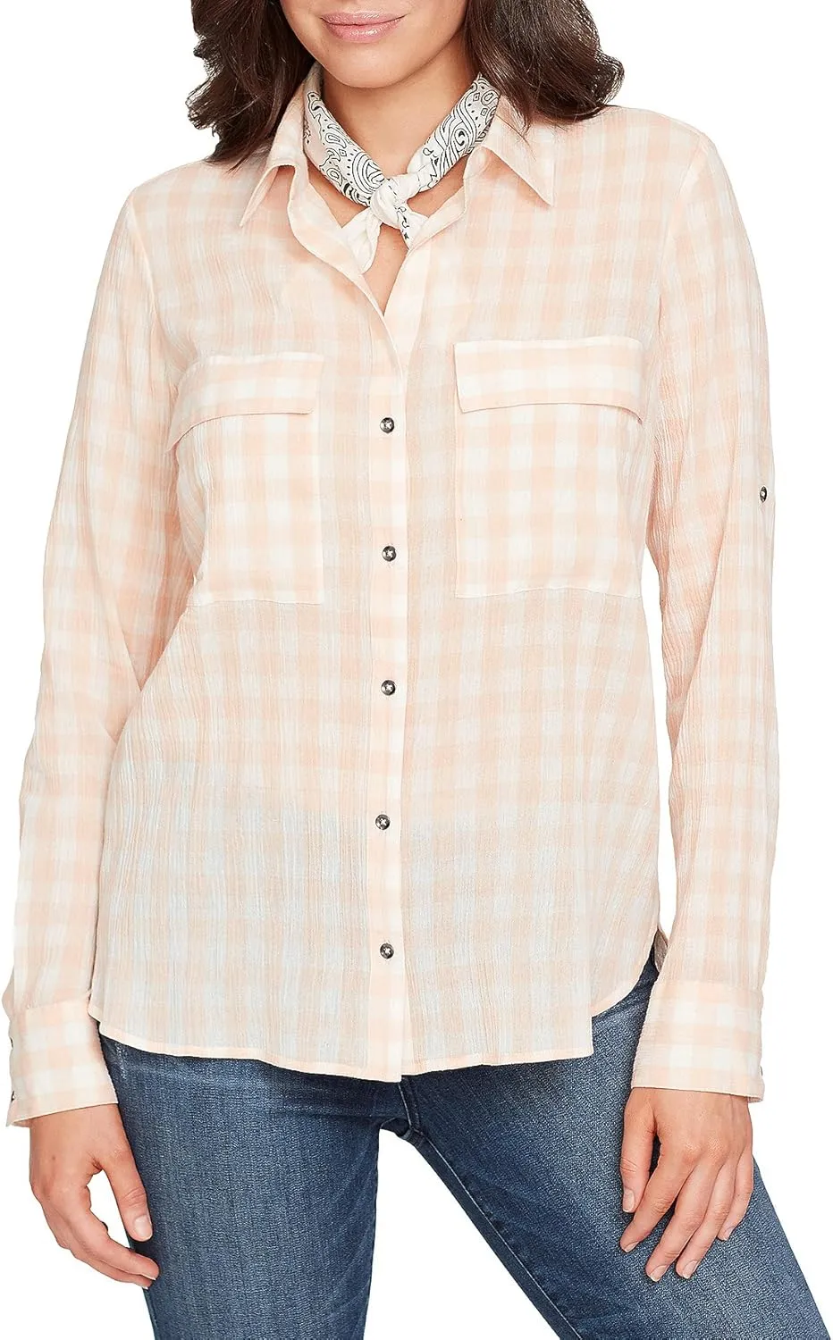 William Rast Women's Dalila Roll Tab Sleeve Shirt with Bandana