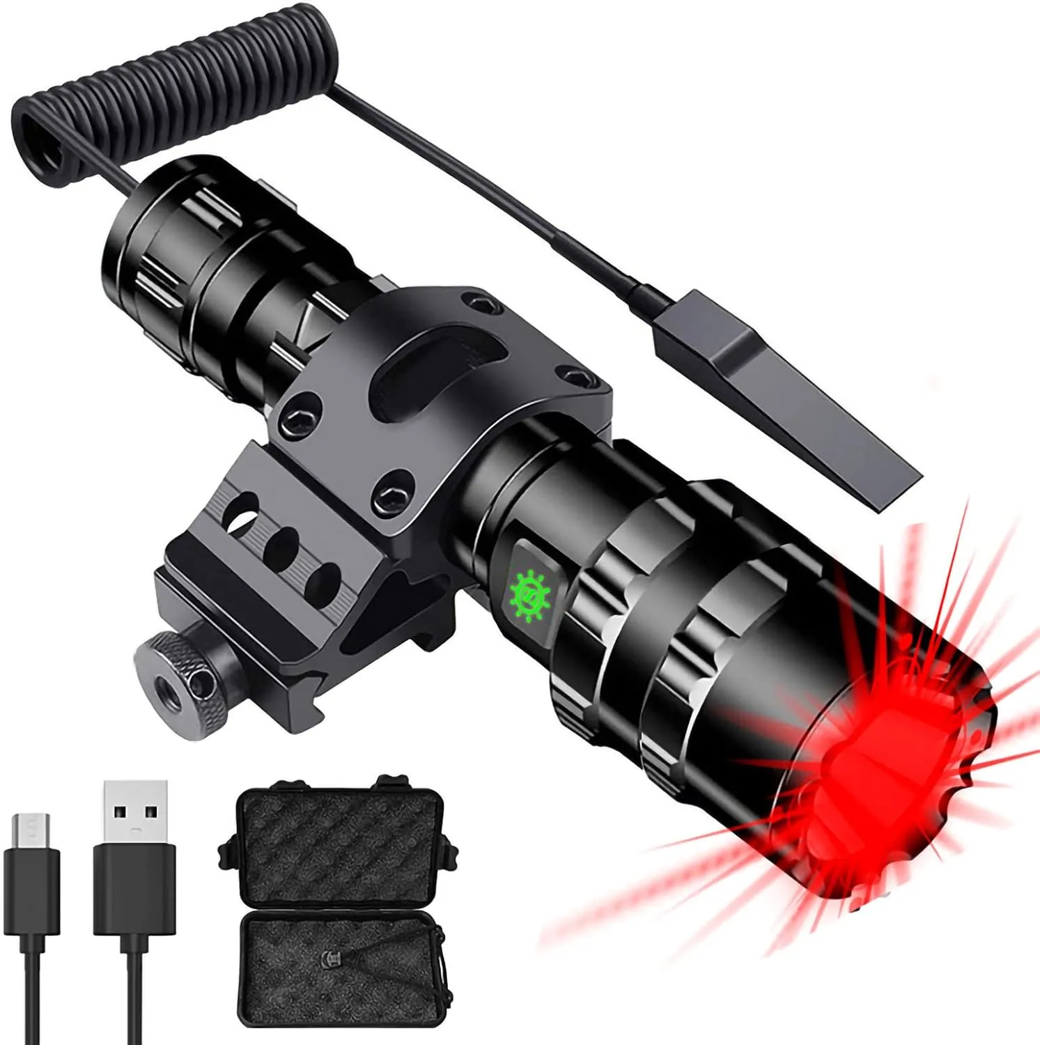 WINDFIRE Red Light Tactical Flashlight 1200 Lumens LED Hunting Hog Coyote Predator Weapon Lights Rechargeable 5 Modes Torch with Picatinny Rail Mount, Pressure Switch, Battery