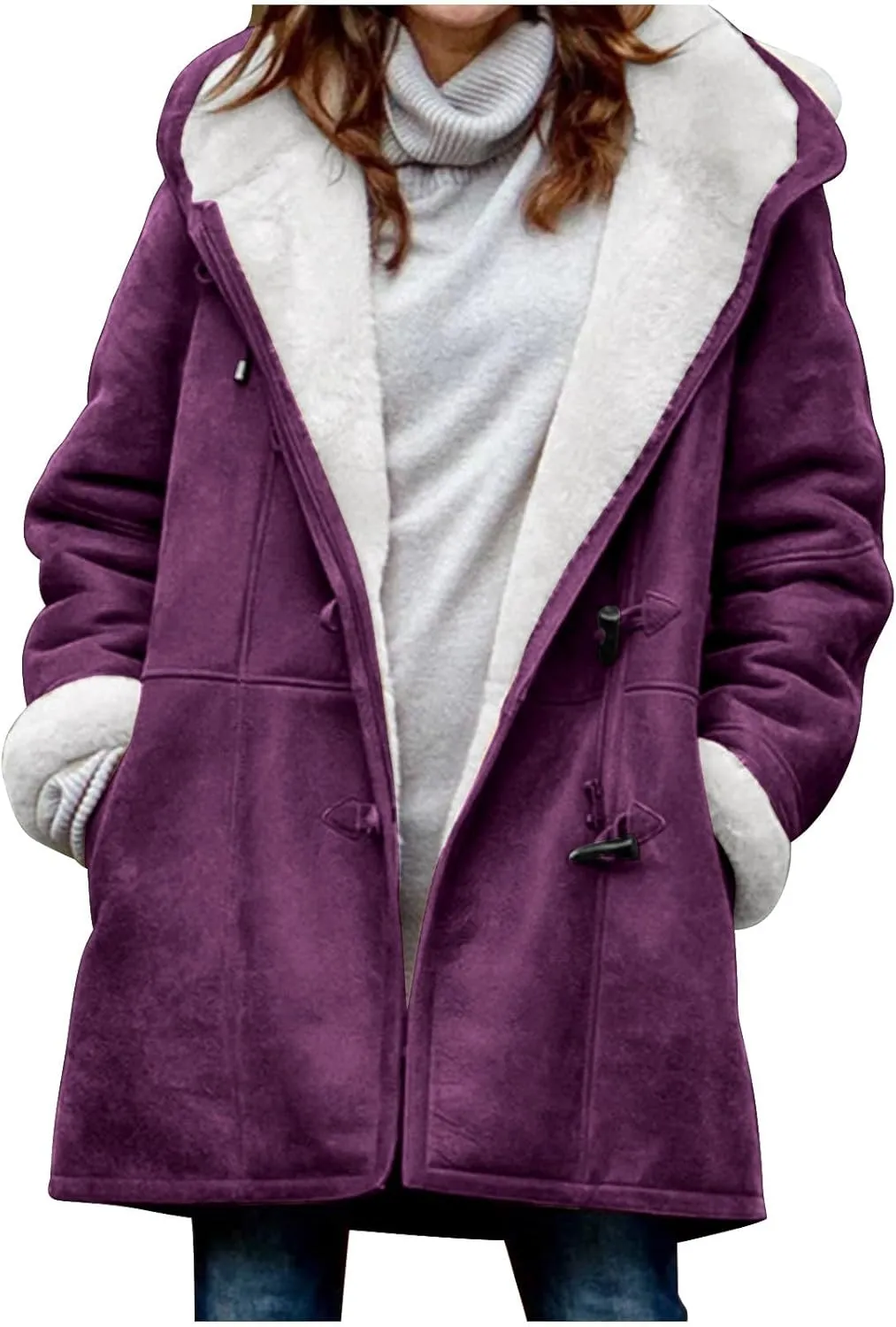 Winter Jackets for Women Sherpa Lined Suede Coat Thick Hooded Jacket Plus Size Parka Coat Warm Outerwear with Pockets