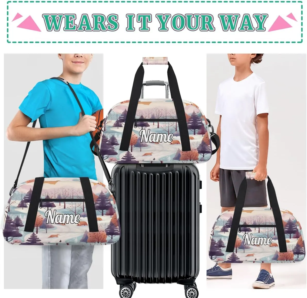Winter Pine Tree Leaves Custom Sports Gym Bag Personalized Dance Bag Teens Travel Weekender Overnight Carry On Bag Boys Girls Waterproof