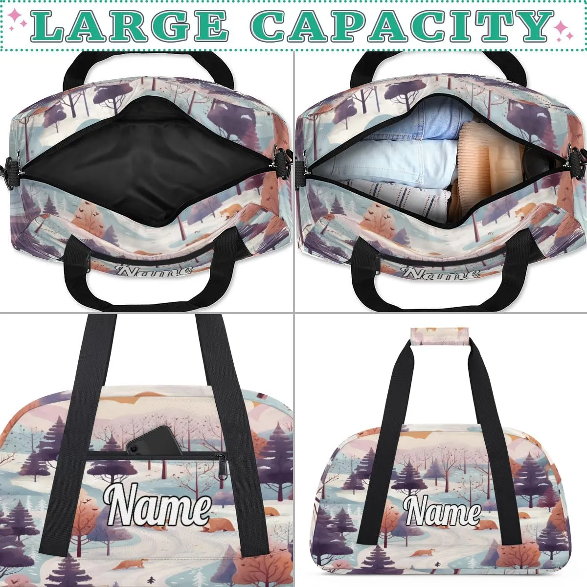 Winter Pine Tree Leaves Custom Sports Gym Bag Personalized Dance Bag Teens Travel Weekender Overnight Carry On Bag Boys Girls Waterproof