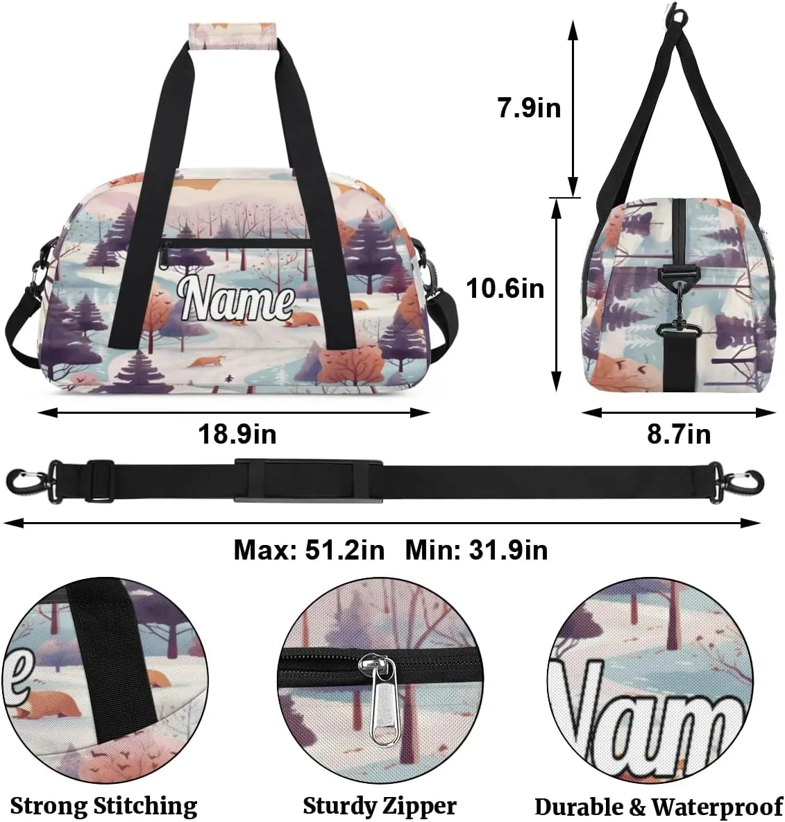 Winter Pine Tree Leaves Custom Sports Gym Bag Personalized Dance Bag Teens Travel Weekender Overnight Carry On Bag Boys Girls Waterproof