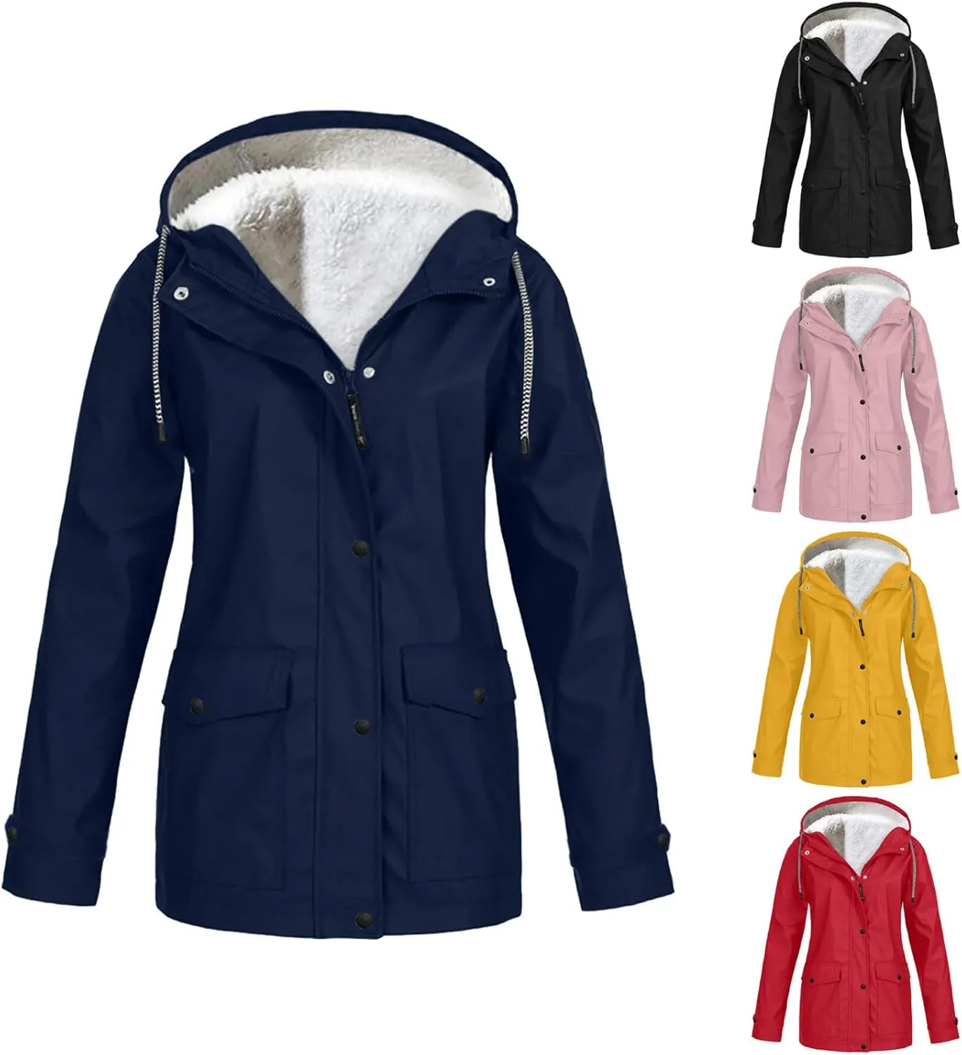 Winter Rain Coats for Women Waterproof Plus Size Hooded Rain Jackets Thicken Fleece Warm Raincoats with Pockets