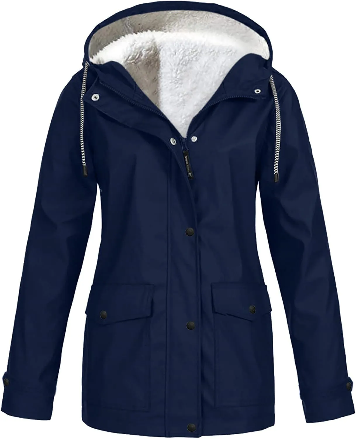 Winter Rain Coats for Women Waterproof Plus Size Hooded Rain Jackets Thicken Fleece Warm Raincoats with Pockets