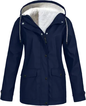Winter Rain Coats for Women Waterproof Plus Size Hooded Rain Jackets Thicken Fleece Warm Raincoats with Pockets