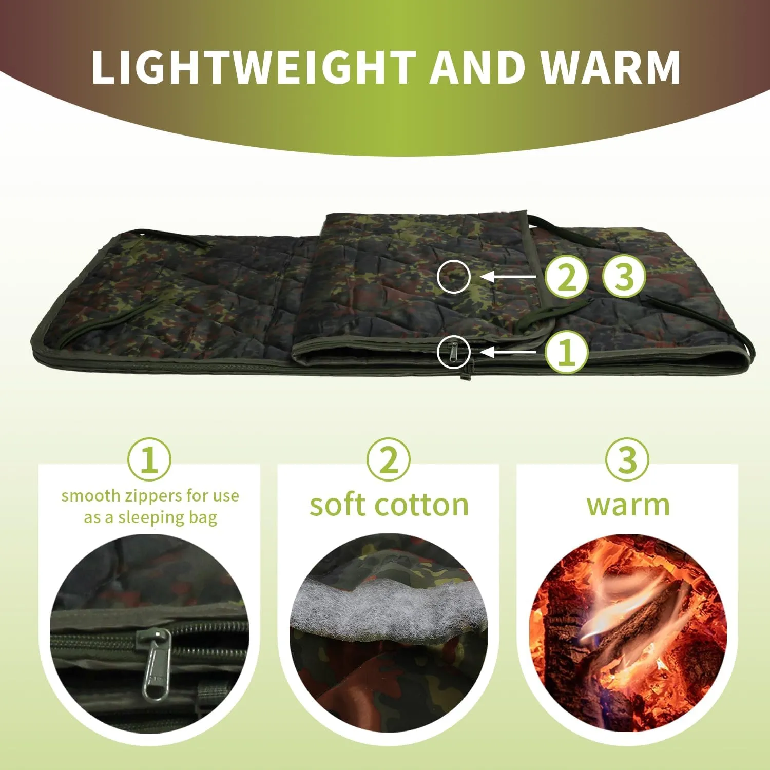 WINWAY Outdoor Down Camping Blanket Military Camping Sleeping Bag with Zipper,Packable Waterproof Lightweight Poncho Liner for Hiking,Travel, Stadium