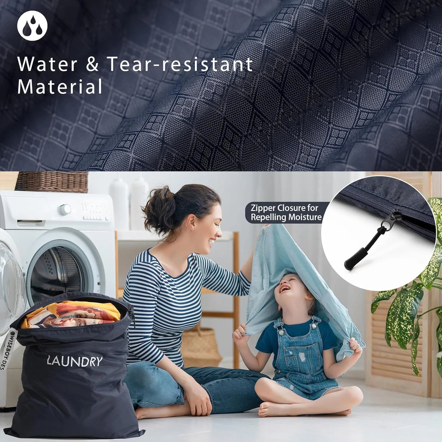 WiseBoy 2 Pack Laundry Bags, Washable Wet Dry Bag, Travel Laundry Bag Dirty Clothes Organizer, Swimming Yoga Bathing Suit Workout Wet Dry Bag - Navy Blue