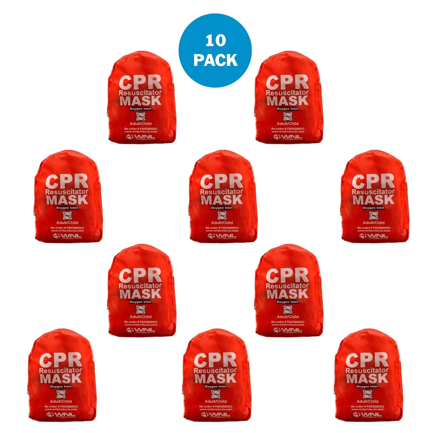 WNL Products CPR Rescue Mask, Adult/Child Pocket Resuscitator, Soft Case Kit with Belt Clip 10 Pack