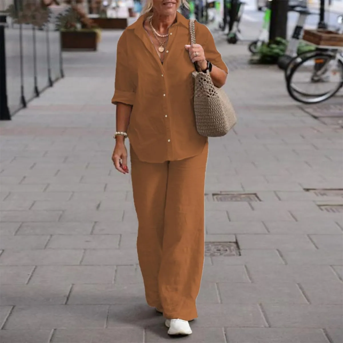 Women 2 Piece Cotton Linen Outfits Casual Loose Roll Sleeve Button Top Shirt High Waist Wide Leg Pants Sets