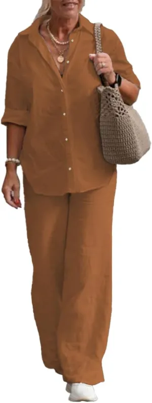 Women 2 Piece Cotton Linen Outfits Casual Loose Roll Sleeve Button Top Shirt High Waist Wide Leg Pants Sets