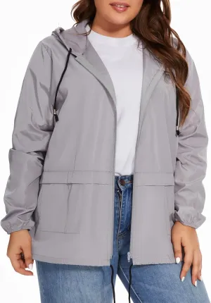 Women Plus Size Raincoat Lightweight Waterproof Windbreaker Packable Outdoor Hooded Rain Jacket