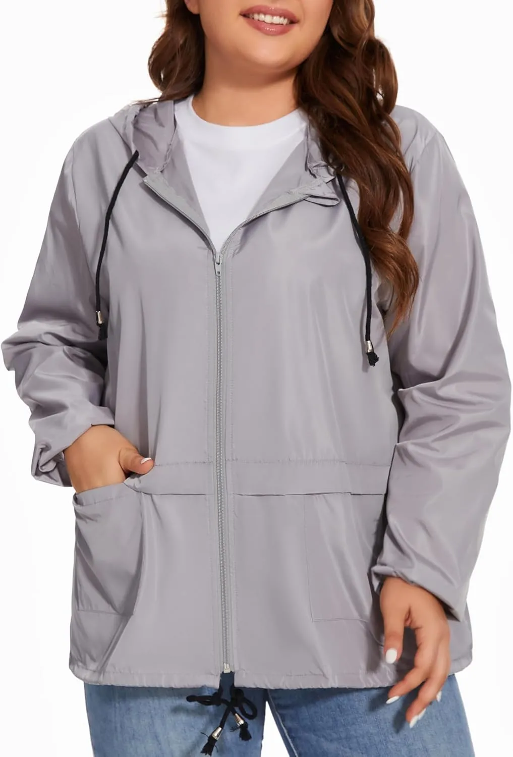 Women Plus Size Raincoat Lightweight Waterproof Windbreaker Packable Outdoor Hooded Rain Jacket