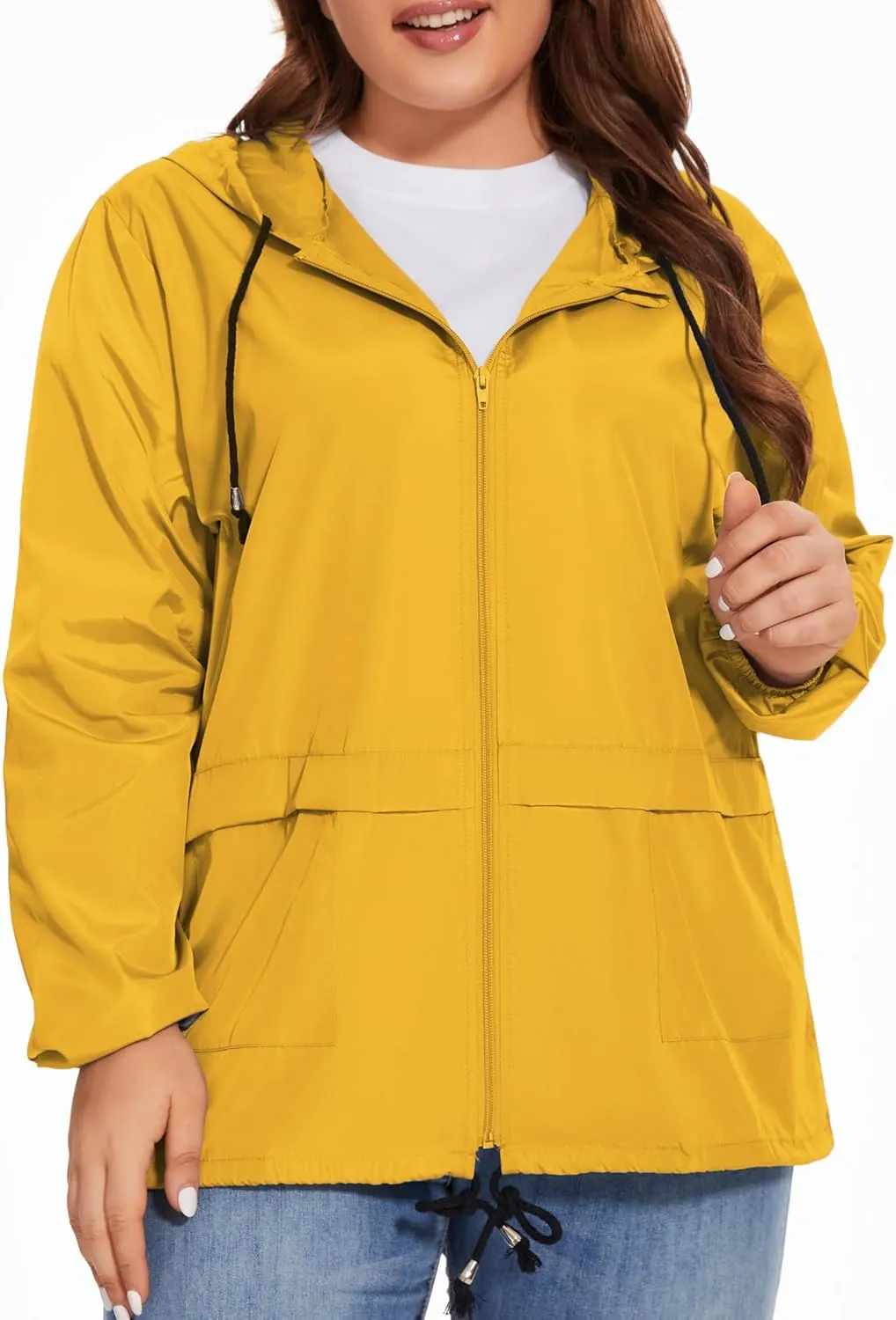 Women Plus Size Raincoat Lightweight Waterproof Windbreaker Packable Outdoor Hooded Rain Jacket