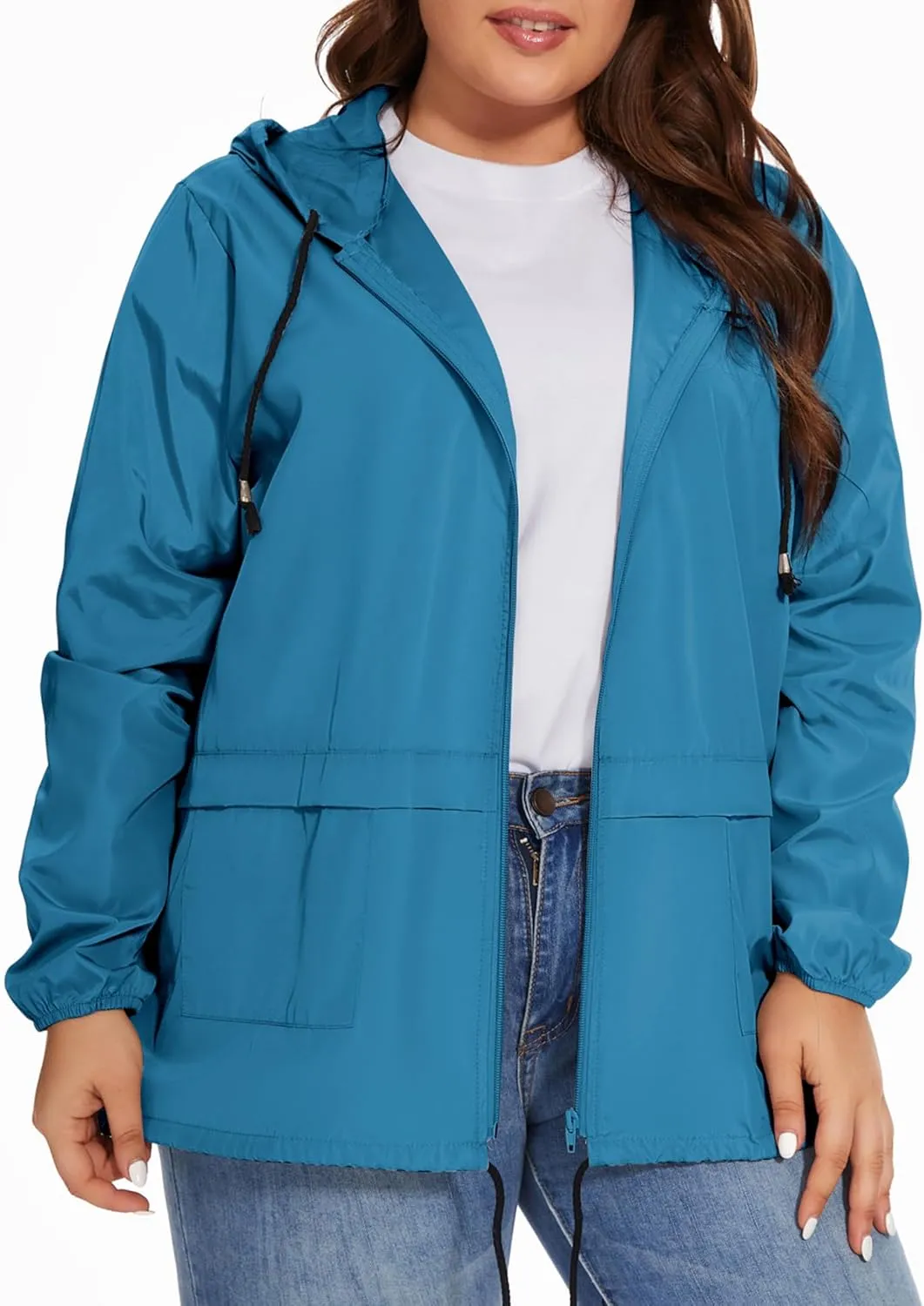 Women Plus Size Raincoat Lightweight Waterproof Windbreaker Packable Outdoor Hooded Rain Jacket