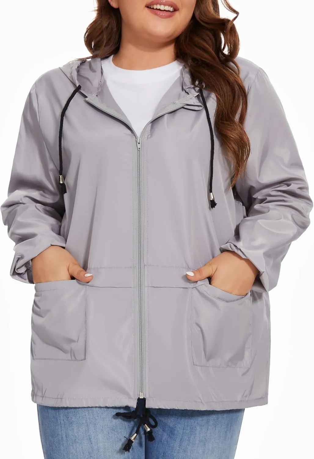 Women Plus Size Raincoat Lightweight Waterproof Windbreaker Packable Outdoor Hooded Rain Jacket