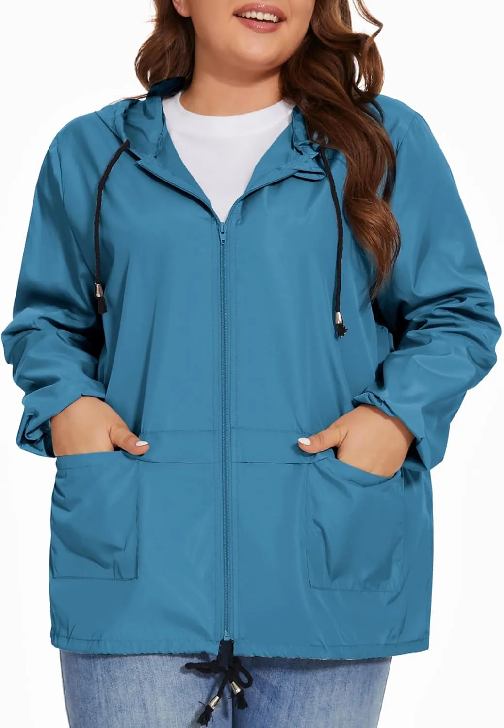 Women Plus Size Raincoat Lightweight Waterproof Windbreaker Packable Outdoor Hooded Rain Jacket