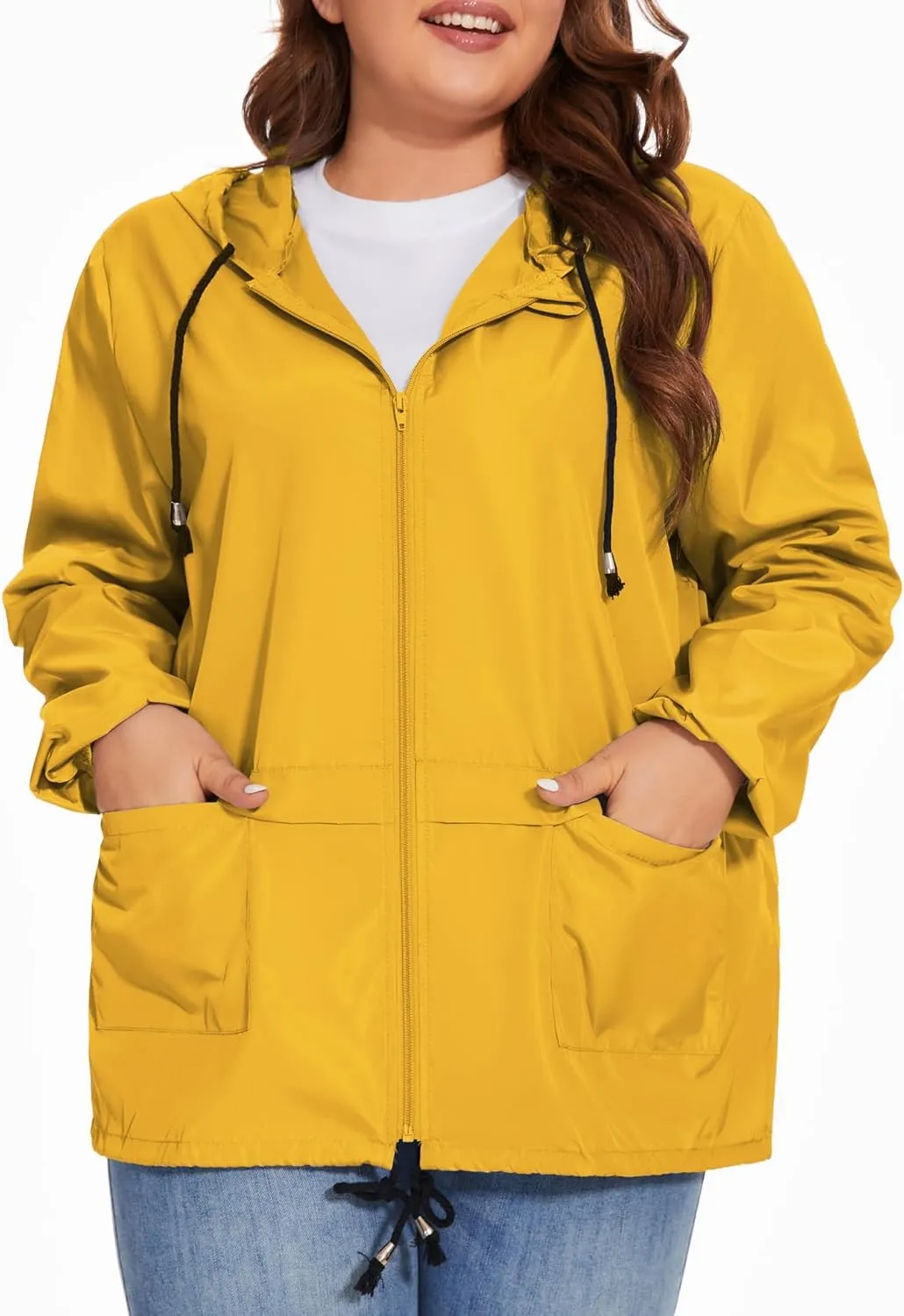 Women Plus Size Raincoat Lightweight Waterproof Windbreaker Packable Outdoor Hooded Rain Jacket