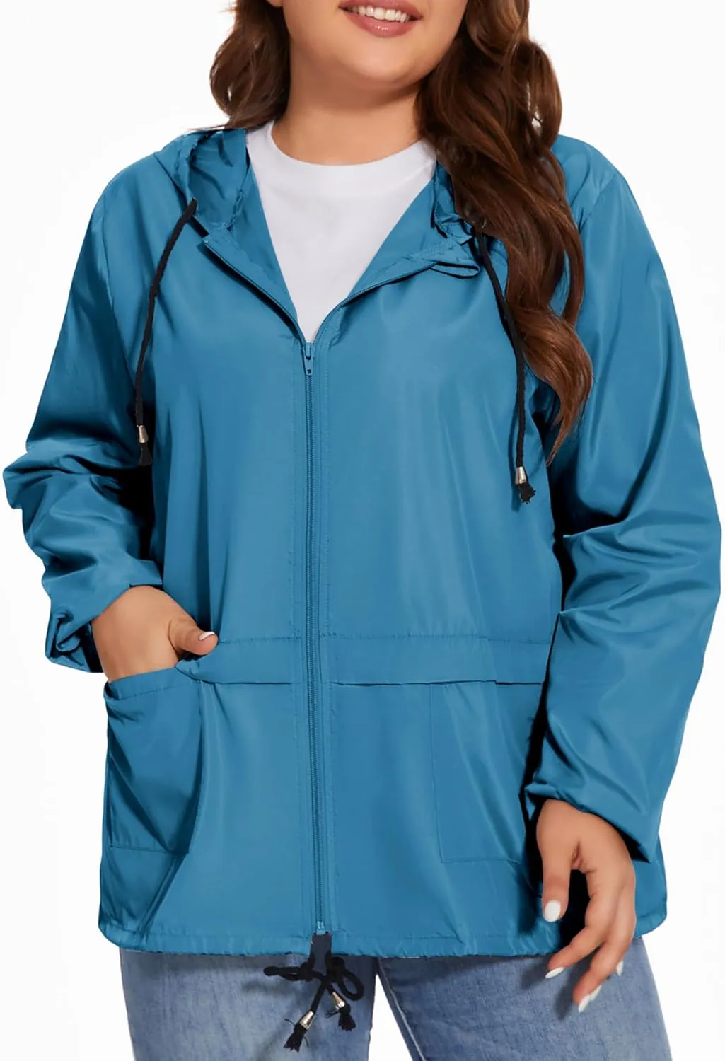 Women Plus Size Raincoat Lightweight Waterproof Windbreaker Packable Outdoor Hooded Rain Jacket