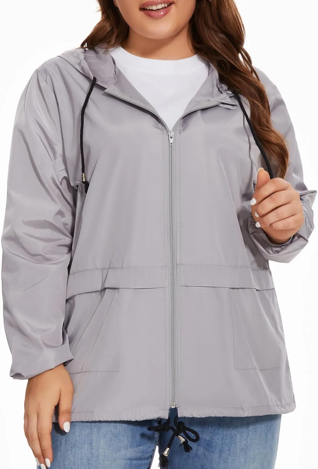 Women Plus Size Raincoat Lightweight Waterproof Windbreaker Packable Outdoor Hooded Rain Jacket