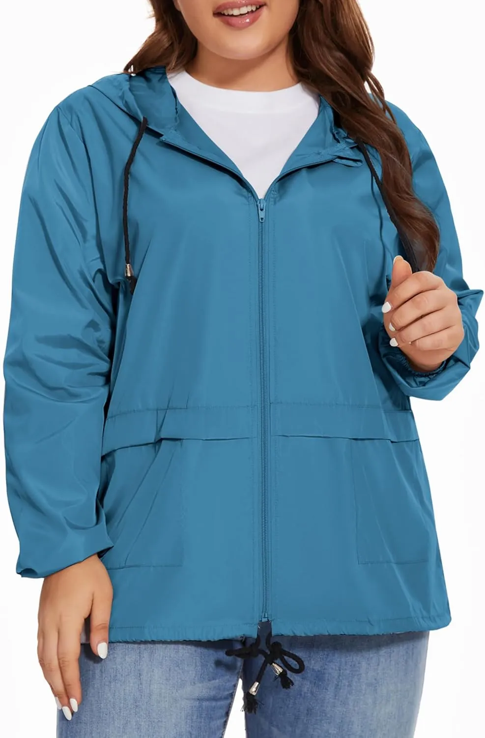 Women Plus Size Raincoat Lightweight Waterproof Windbreaker Packable Outdoor Hooded Rain Jacket