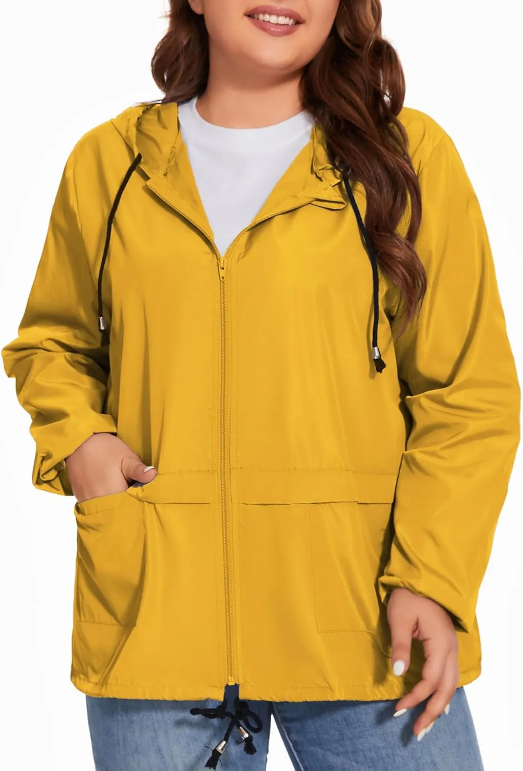 Women Plus Size Raincoat Lightweight Waterproof Windbreaker Packable Outdoor Hooded Rain Jacket