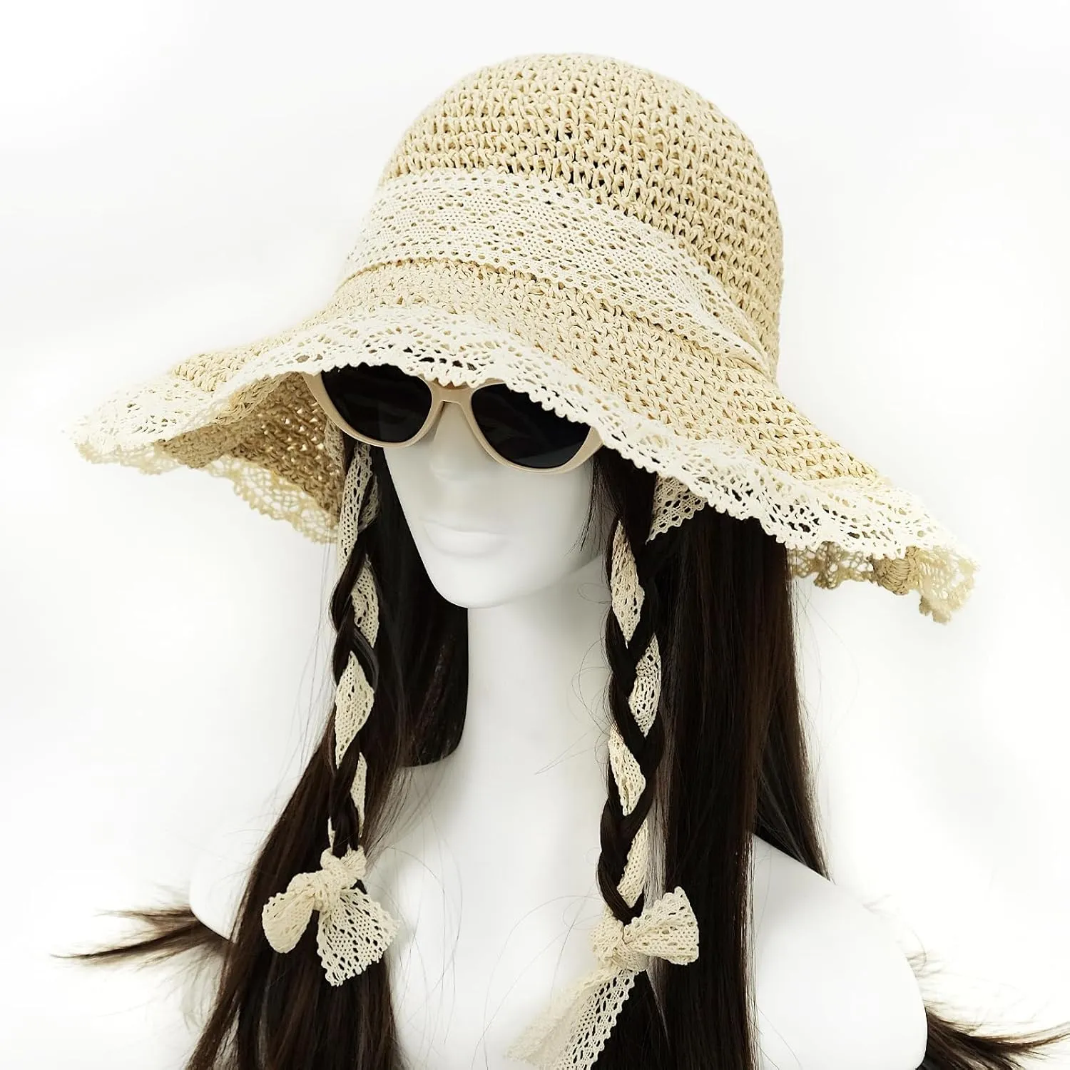 Women Straw Sun Hat with Lace Foldable Beach Hat Wide Brim Floppy Bucket Hat