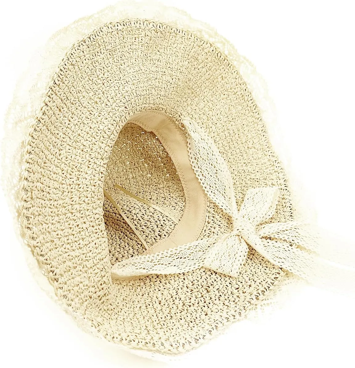 Women Straw Sun Hat with Lace Foldable Beach Hat Wide Brim Floppy Bucket Hat