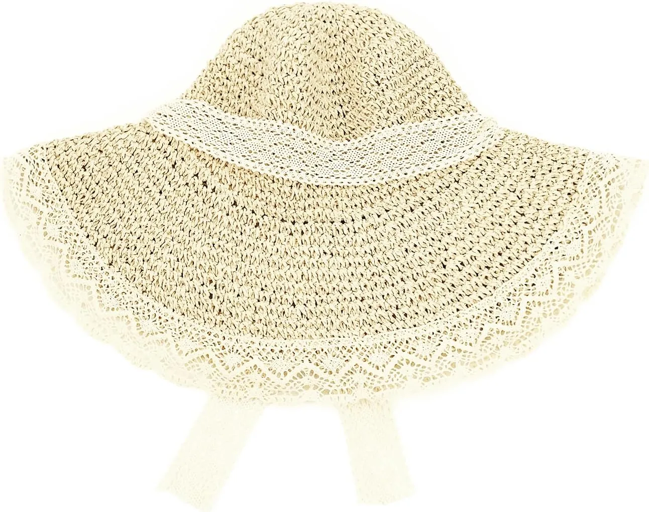 Women Straw Sun Hat with Lace Foldable Beach Hat Wide Brim Floppy Bucket Hat