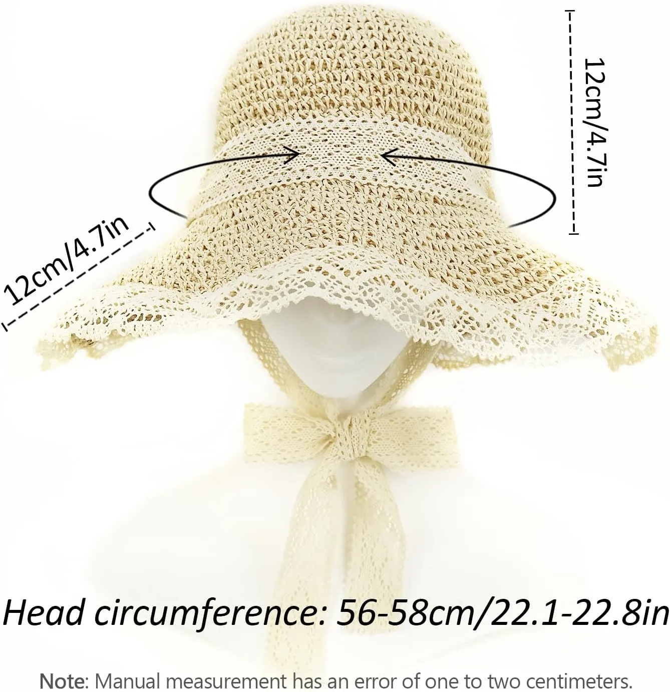 Women Straw Sun Hat with Lace Foldable Beach Hat Wide Brim Floppy Bucket Hat