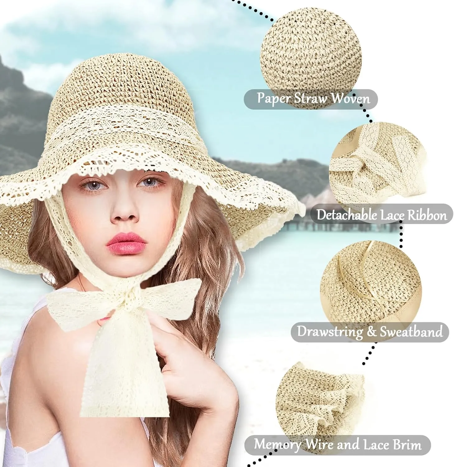 Women Straw Sun Hat with Lace Foldable Beach Hat Wide Brim Floppy Bucket Hat