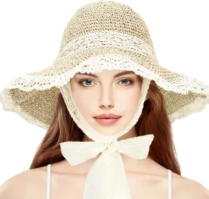 Women Straw Sun Hat with Lace Foldable Beach Hat Wide Brim Floppy Bucket Hat