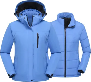 Women's 3 in 1 Ski Jacket Mountain Waterproof Windproof Winter Snow Coat Hike Snowboarding Jackets Hooded Warm Raincoat