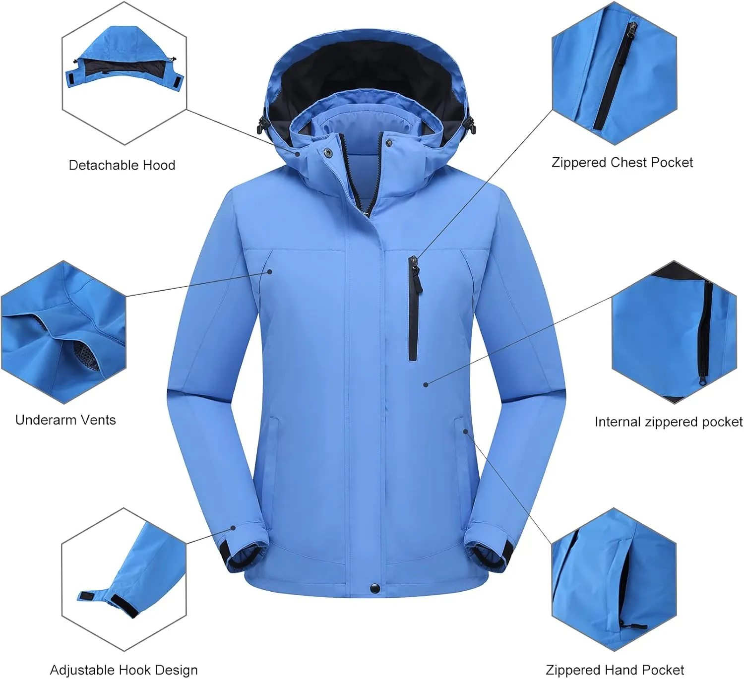 Women's 3 in 1 Ski Jacket Mountain Waterproof Windproof Winter Snow Coat Hike Snowboarding Jackets Hooded Warm Raincoat