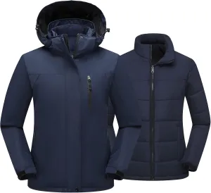 Women's 3 in 1 Ski Jacket Mountain Waterproof Windproof Winter Snow Coat Hike Snowboarding Jackets Hooded Warm Raincoat